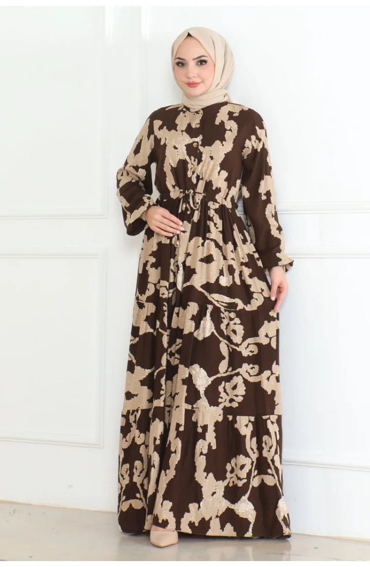 Mina Desenli Elbise 7120-01 Kahverengi