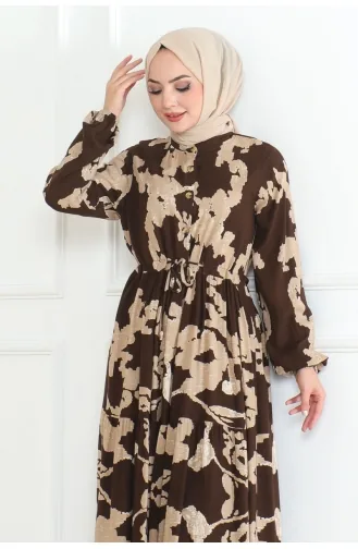 Mina Desenli Elbise 7120-01 Kahverengi