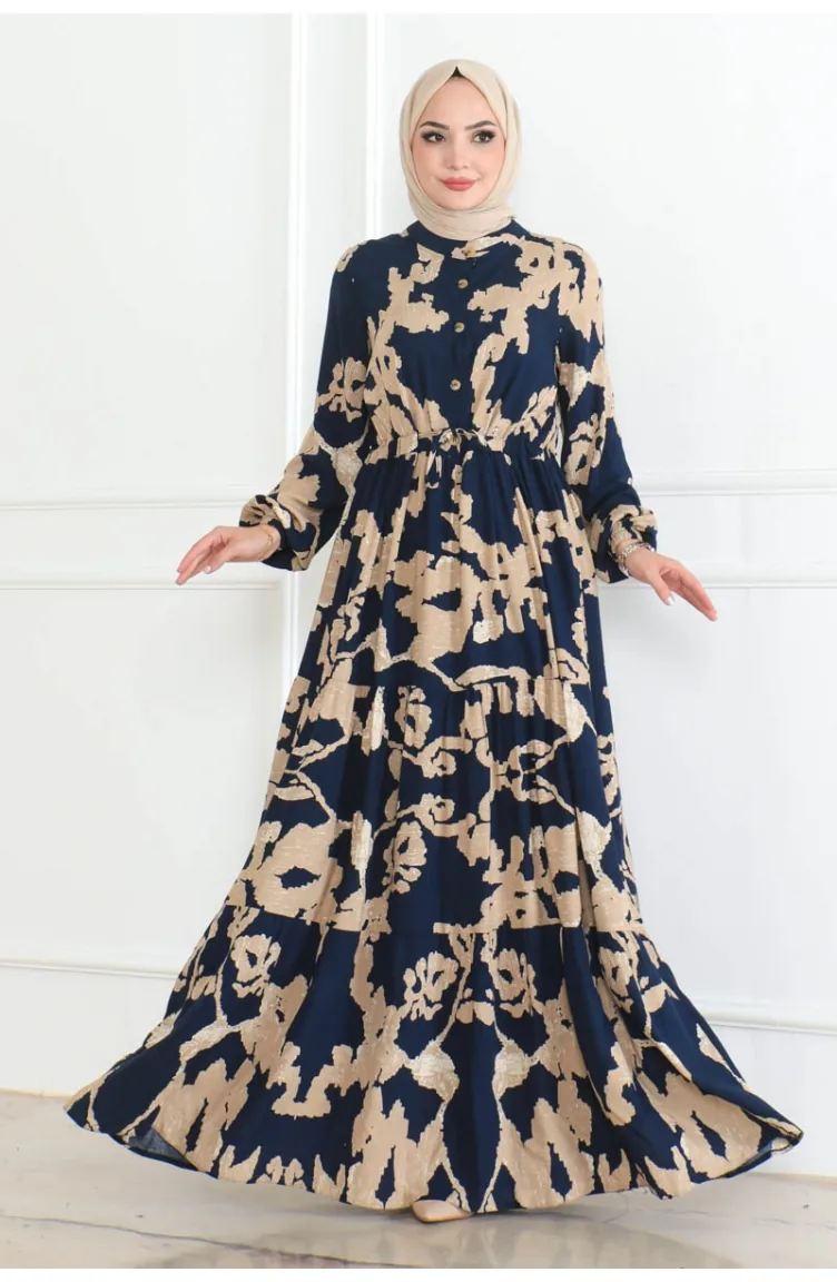 Mina Desenli Elbise 7120-03 Lacivert