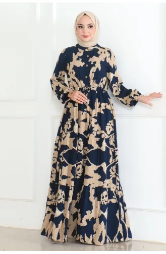 Mina Desenli Elbise 7120-03 Lacivert