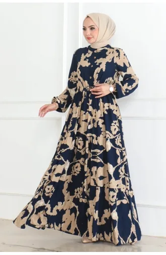 Mina Desenli Elbise 7120-03 Lacivert