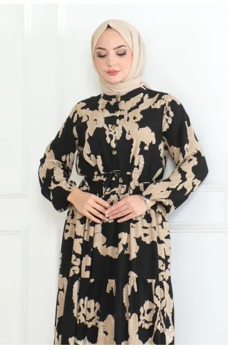 Mina Desenli Elbise 7120-04 Siyah