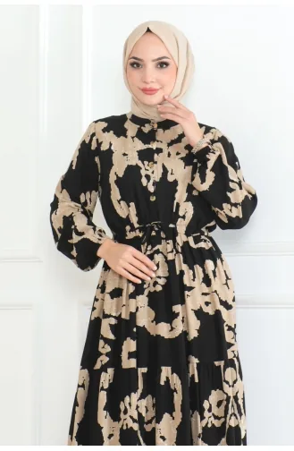 Mina Desenli Elbise 7120-04 Siyah