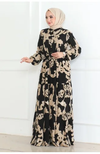 Mina Desenli Elbise 7120-04 Siyah