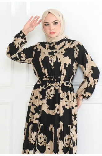 Mina Desenli Elbise 7120-04 Siyah