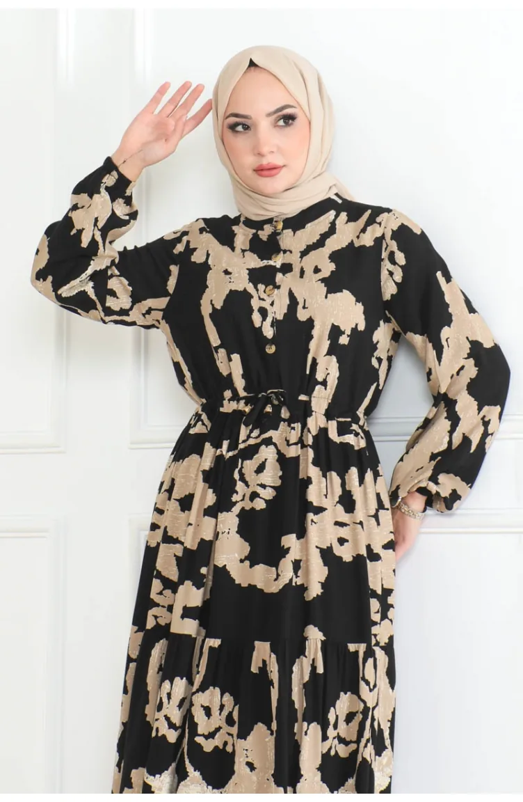 Mina Desenli Elbise 7120-04 Siyah