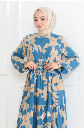 Mina Desenli Elbise 7120-05 İndigo