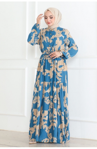 Mina Desenli Elbise 7120-05 İndigo