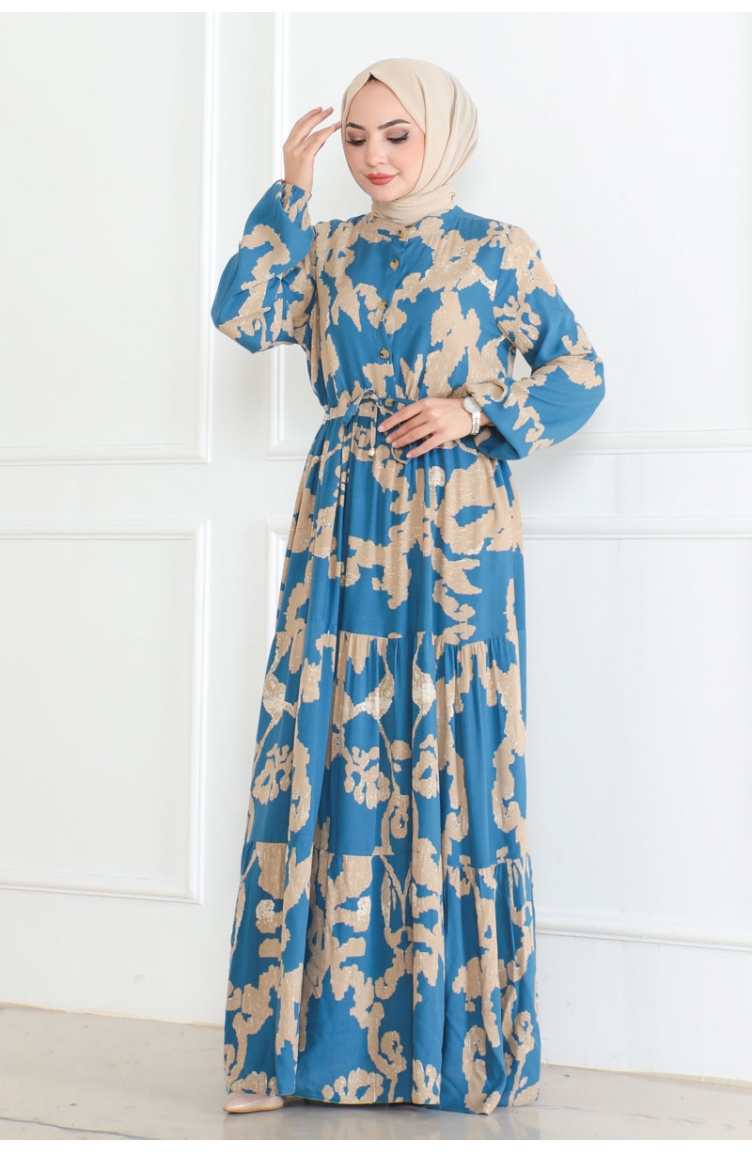 Mina Desenli Elbise 7120-05 İndigo