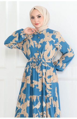 Mina Desenli Elbise 7120-05 İndigo