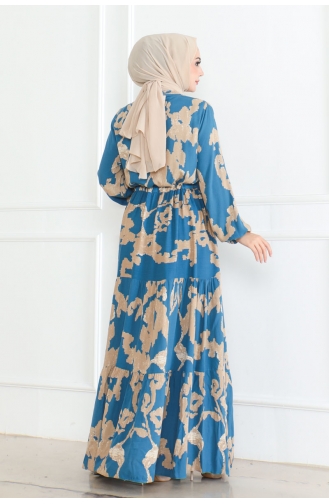 Mina Desenli Elbise 7120-05 İndigo