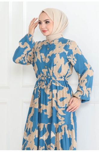 Mina Desenli Elbise 7120-05 İndigo