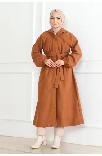 معطف للحجاب بتصميم حزام للخصر 0502-08 لون أسمر ضارب للصفرة 0502-08