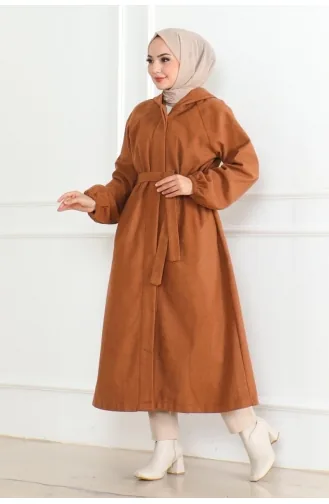 معطف للحجاب بتصميم حزام للخصر 0502-08 لون أسمر ضارب للصفرة 0502-08