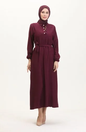 Hakim Yaka Düğmeli Elbise 5025-01 Mürdüm