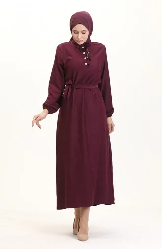 Hakim Yaka Düğmeli Elbise 5025-01 Mürdüm