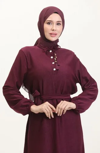 Hakim Yaka Düğmeli Elbise 5025-01 Mürdüm