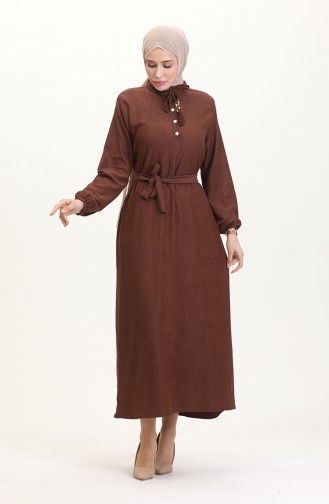 فستان سادة بأزرار 5025-02 بني جملي 5025-02