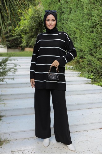 Costume En Tricot Détail Rayé Noir 1223 589