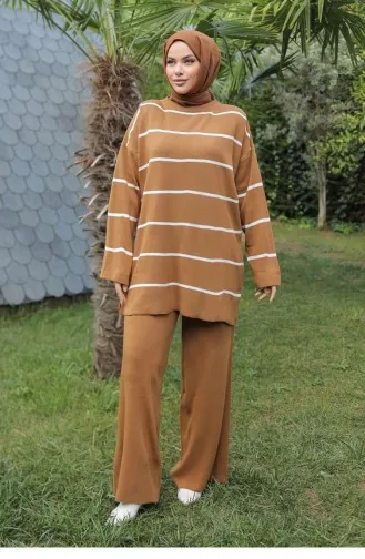 Costume En Tricot Détail Rayé Marron 1223 591