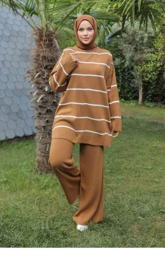 Costume En Tricot Détail Rayé Marron 1223 591