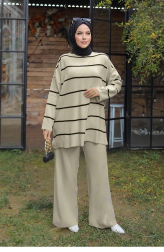 Costume En Tricot Détail Rayé Crème 1223 593