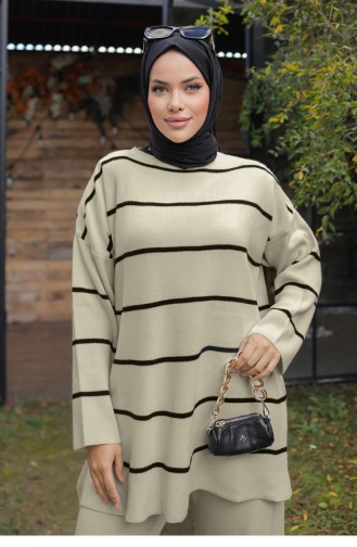 Costume En Tricot Détail Rayé Crème 1223 593