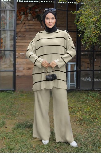 Costume En Tricot Détail Rayé Crème 1223 593