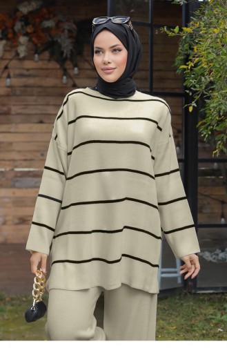 Costume En Tricot Détail Rayé Crème 1223 593