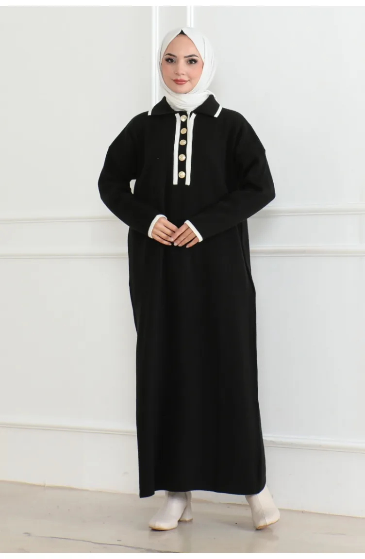 Düğme Detaylı Triko Elbise 254-03 Siyah