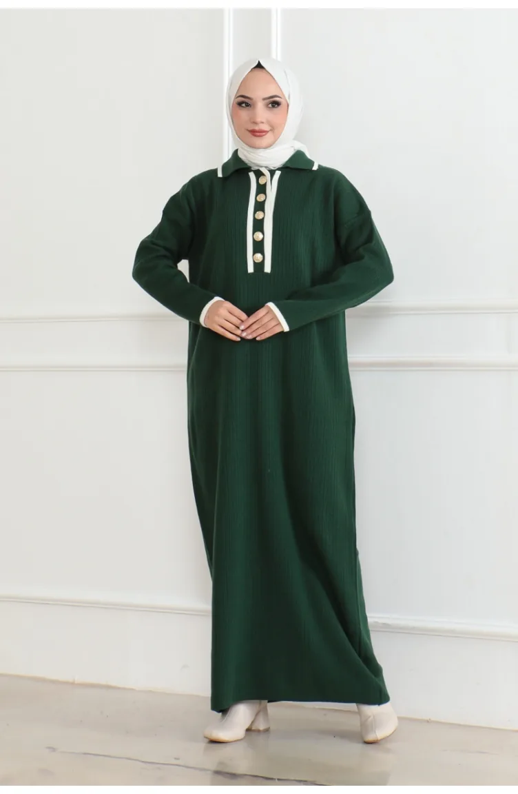 Robe Tricot Détail Boutons 254-05 Vert Emeraude 254-05