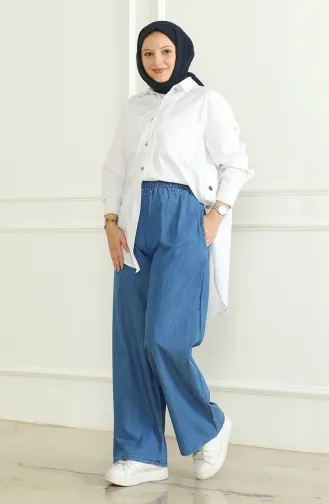 Tensel Beli Lastikli Kot Pantolon 7568-01 Açık Mavi