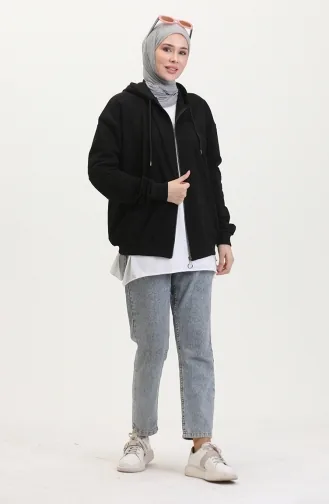 İki İplik Kapüşonlu Sweatshirt 9488-01 Siyah