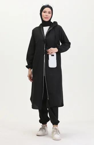 Hooded Zippered Raincoat Two Piece Set 0507Y-01 Black 0507Y-01