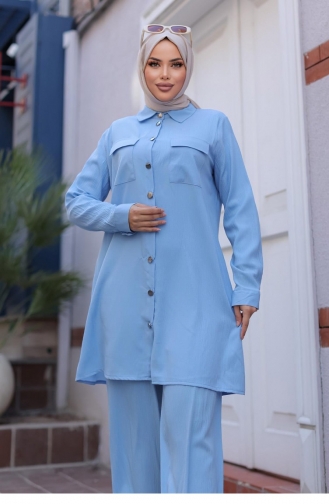 Pocket Detailed Hijab Baby Blue Suit 596