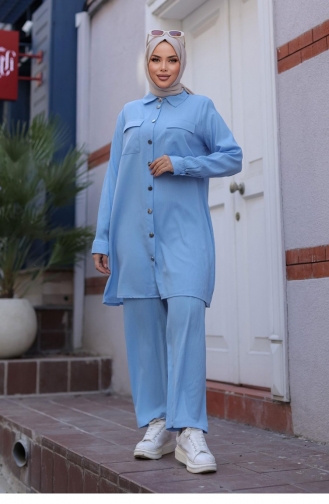 Pocket Detailed Hijab Baby Blue Suit 596