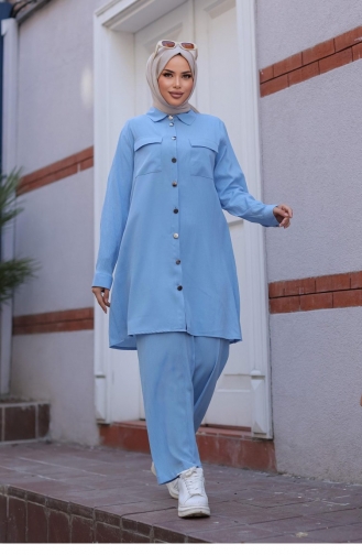Pocket Detailed Hijab Baby Blue Suit 596