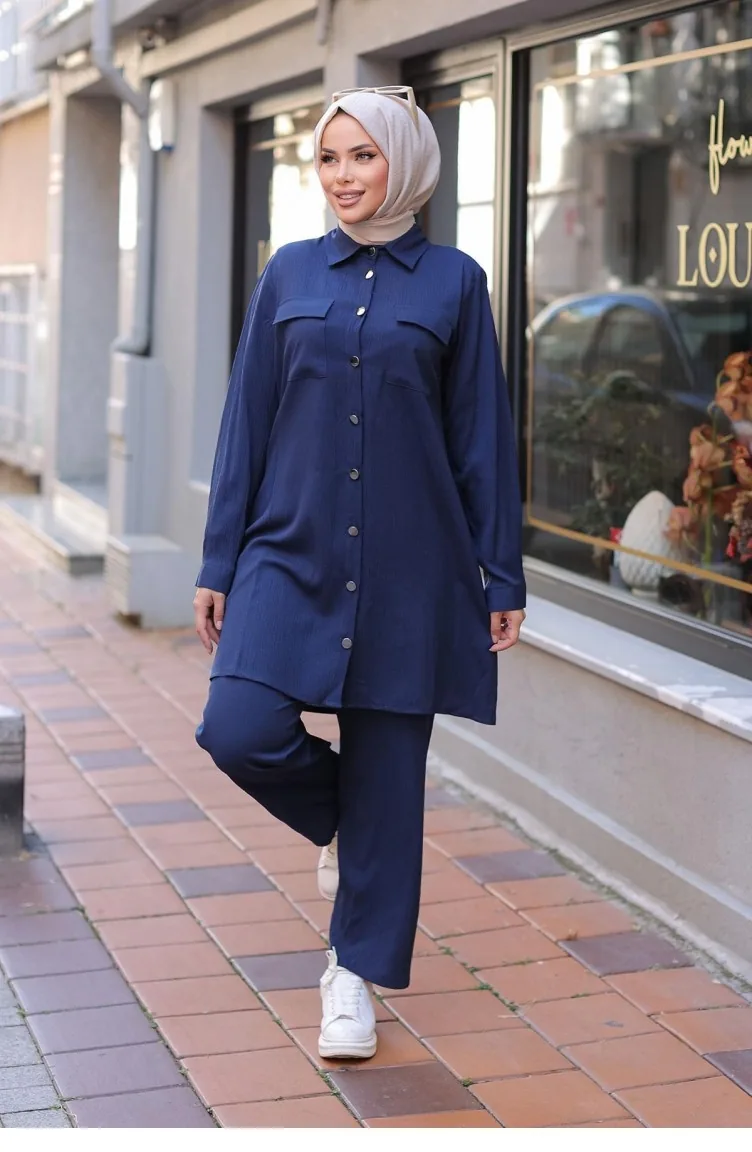 Hijab Navy Blue Suit With Pocket Detail 598