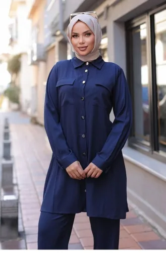 Hijab Navy Blue Suit With Pocket Detail 598