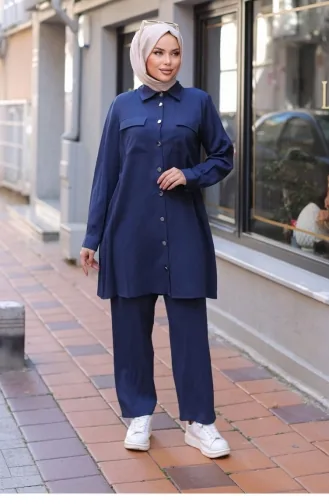 Hijab Navy Blue Suit With Pocket Detail 598