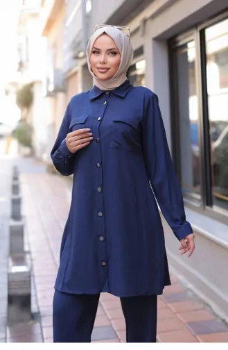 Hijab Navy Blue Suit With Pocket Detail 598