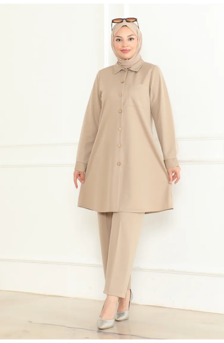 Doppelter Anzug Mit Taschendetails 1083-01 Beige 1083-01