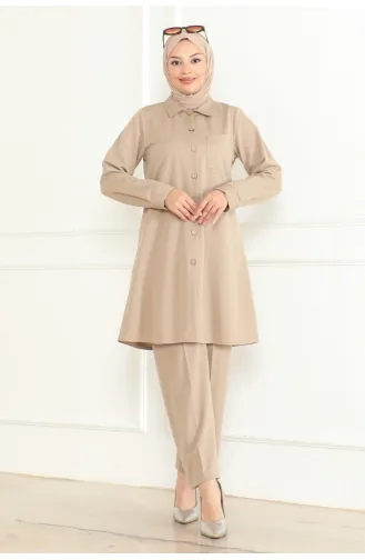 Doppelter Anzug Mit Taschendetails 1083-01 Beige 1083-01