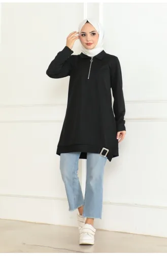 Toka Detaylı Fermuarlı Tunik 602-01 Siyah