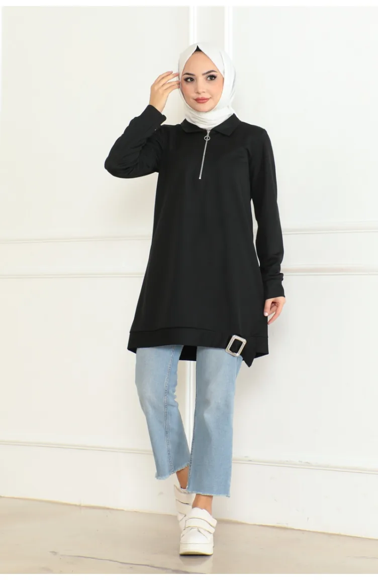 Toka Detaylı Fermuarlı Tunik 602-01 Siyah