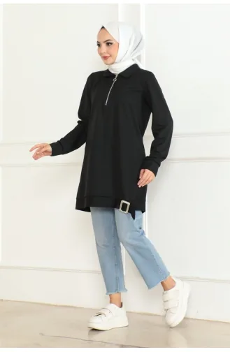 Toka Detaylı Fermuarlı Tunik 602-01 Siyah