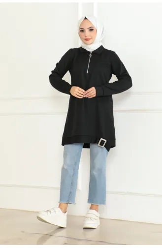 Toka Detaylı Fermuarlı Tunik 602-01 Siyah