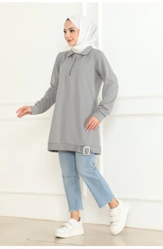 Toka Detaylı Fermuarlı Tunik 602-03 Gri