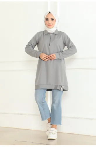 Toka Detaylı Fermuarlı Tunik 602-03 Gri