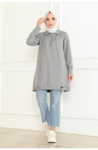 Toka Detaylı Fermuarlı Tunik 602-03 Gri